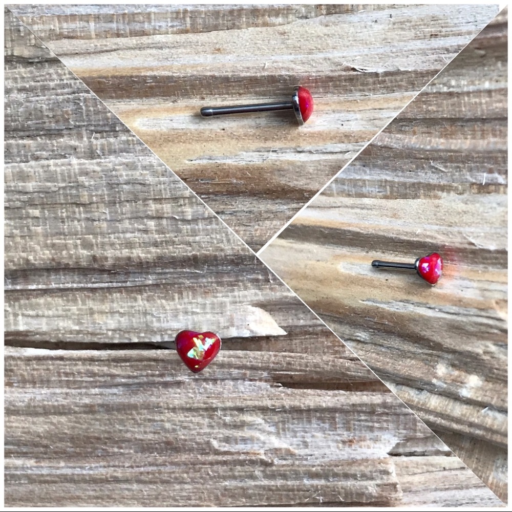 Red Glitter Opal Heart Nose Ring Stud
